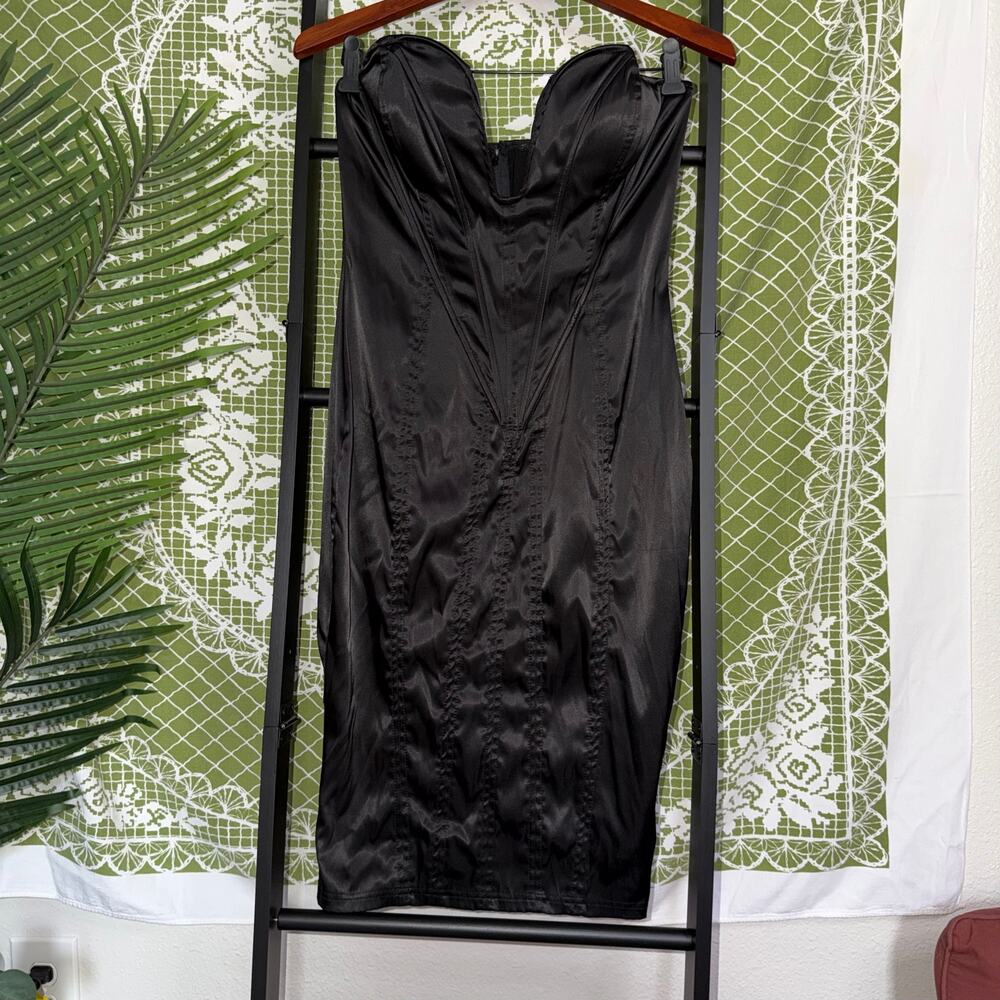 Sexy Black Satin Strapless Corset Midi Dress Structured Boning Bodycon  XS/S